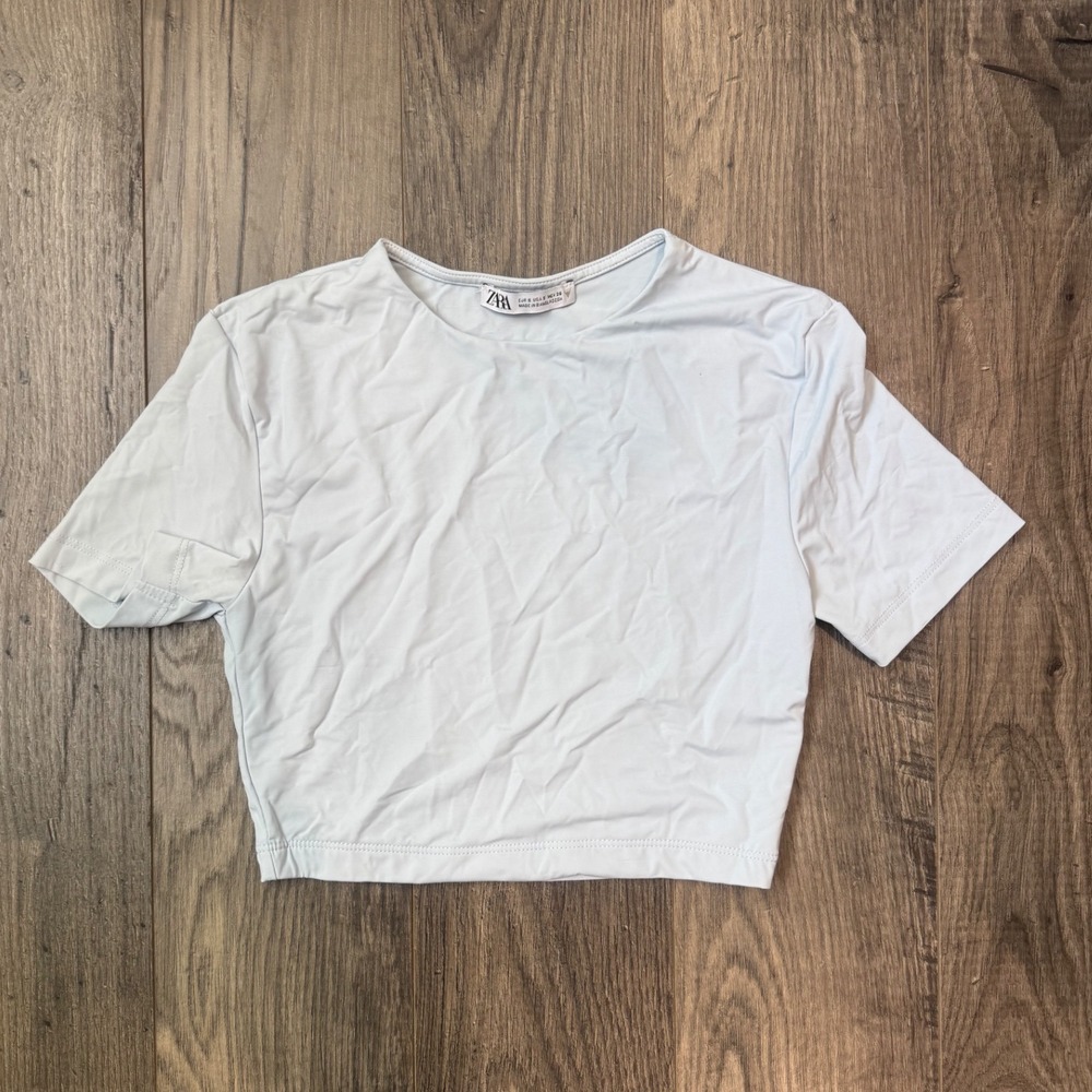 Zara Cropped T‎ Shirt Baby Blue Short Sleeve Solid Basic Top Women S